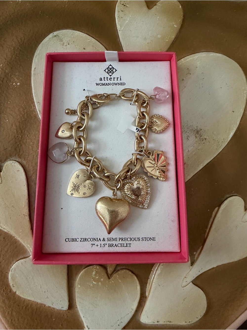 Atterri Gold Heart Charm Bracelet with Pink Accents